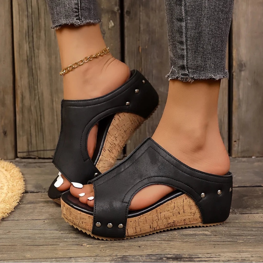 Elegant Black Cork Wedge Sandals